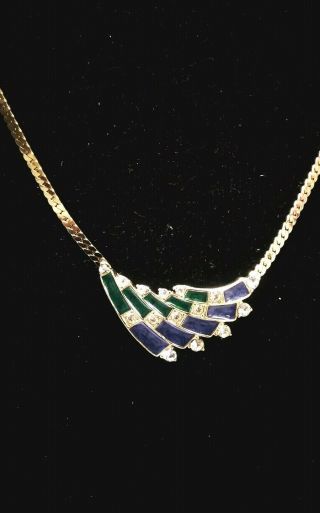 Vintage Trifari Gold Tone Enamel Necklace Blue,  Green Rhinestones