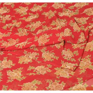 Sanskriti Vintage Red Saree Printed Georgette Sari Craft Decor 5 Yard Fabric
