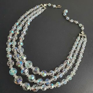 Vintage Triple Strand Graduated Ab Crystal Bead Necklace P29