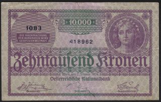 1924 10,  000 Kronen Austria Vintage Old Paper Money Banknote Currency P 85 Vf