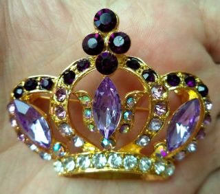 Stunning Vintage Estate Ab Rhinestone King Queen Crown 2 1/8 " Brooch 2349i