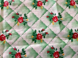 Vintage 1950’s Cotton Print Fabric.  Green Diamonds And Red Roses Just Under 1 Yd