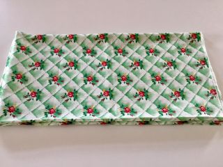 Vintage 1950’s Cotton Print Fabric.  Green Diamonds And Red Roses Just Under 1 Yd 2