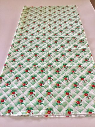 Vintage 1950’s Cotton Print Fabric.  Green Diamonds And Red Roses Just Under 1 Yd 3