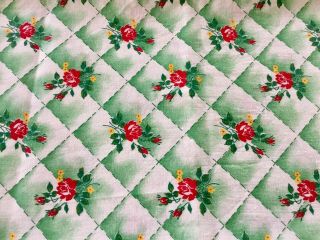 Vintage 1950’s Cotton Print Fabric.  Green Diamonds And Red Roses Just Under 1 Yd 4