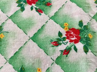 Vintage 1950’s Cotton Print Fabric.  Green Diamonds And Red Roses Just Under 1 Yd 5