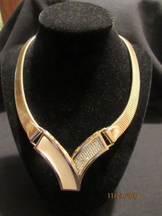 Vintage Joan Collins Gold Tone Enameled And Rhinestone Choker Necklace