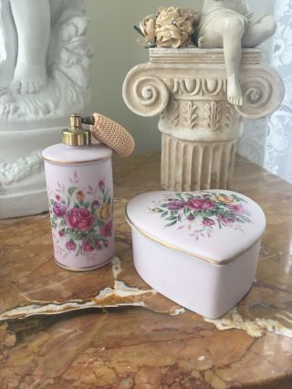 Vintage Matching Lefton Perfume Atomizer Bottle Heart Trinket Dish Pink Roses