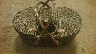 Vintage Wicker Picnic Basket With Leather Strap Handles