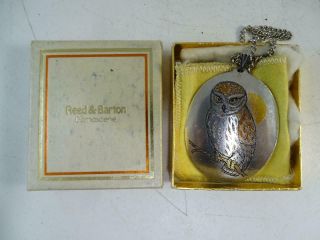 Vintage Reed & Barton Damascene Owl Moon Necklace Pendant W/box Old Retro