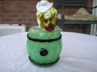 Vintage Murano Clown In A Green Barrel With Gold Painted Face And Red Lips