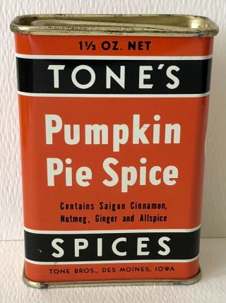 Vintage Tone’s Orange & Black Tin Litho 1 1/2 Oz Pumpkin Pie Spice Box Halloween