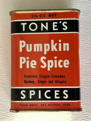 Vintage Tone’s Orange & Black Tin Litho 1 1/2 Oz Pumpkin Pie Spice Box Halloween 3