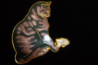 Vintage Delightful Cloisonne Enamel Fish In Crown Cat And Mouse Brooch Pin