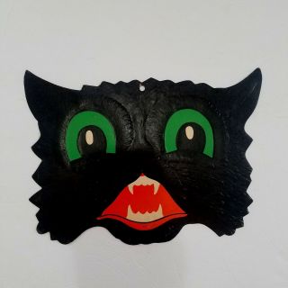 Vintage Halloween Embossed Diecut Black Cat Head Usa 10 Teeth 9 - Inches Tall