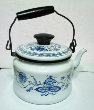 Vintage Enamel Teapot Tea Kettle White & Blue Floral Design Enamelware