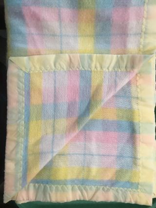 Vintage Baby Blanket Plaid Pastel With Yellow Nylon Binding Wpl 1675