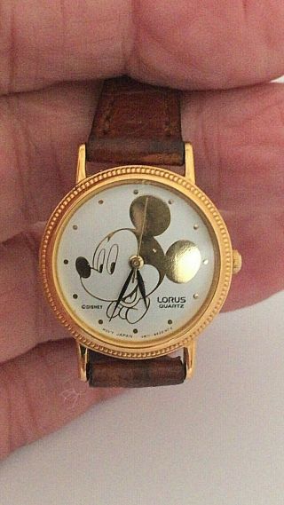 Vintage Lorus Disney Mickey Mouse Watch Gold Dial Brown Leather Band V811 - 9430