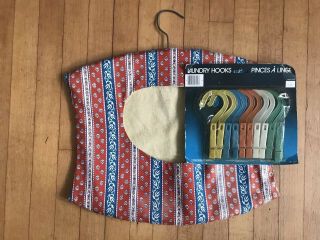 Vintage Clothespin Holder Bag Red White Blue With Laundry Hooks