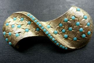 Vintage Signed Sphinx Turquoise Glass Rhinestone Modernist Gold Tone Brooch A121