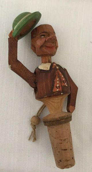 Vintage Anri Hand Carved Mechanical Wine Stopper Old Man Tipping Hat