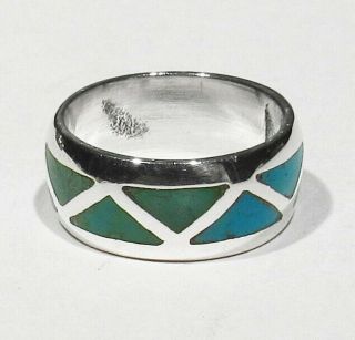 Vintage 1960s Zuni 925 Silver Natural Green Blue Turquoise Inlay Band Ring 4.  5