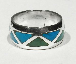 Vintage 1960s Zuni 925 Silver Natural Green Blue Turquoise Inlay Band Ring 4.  5 3
