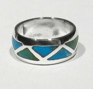 Vintage 1960s Zuni 925 Silver Natural Green Blue Turquoise Inlay Band Ring 4.  5 4