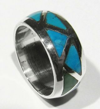 Vintage 1960s Zuni 925 Silver Natural Green Blue Turquoise Inlay Band Ring 4.  5 5