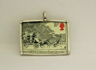 Vtg Sterling Silver Postage Stamp Pendant - The Edinburgh Mail Snowbound 1831