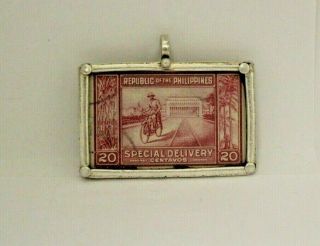 Vtg Sterling Silver Postage Stamp Pendant - Republic Of The Philippines 20
