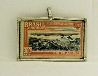 Vtg Sterling Silver Postage Stamp Pendant - Brasil Correio 300reis 1937