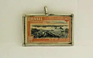 Vtg Sterling silver Postage Stamp Pendant - BRASIL CORREIO 300REIS 1937 2