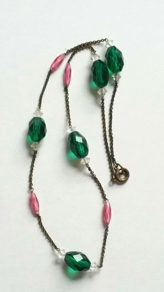 Czech Vintage Art Deco Deep Green And Pink Glass Bead Necklace On A Wire