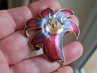 Vintage Jewellery Gorgeous Cloisonne Enamel Orchid Lily Flower Brooch Shawl Pin