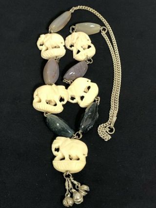 Vintage Carved Elephant Polished Semi Precious Stone Necklace