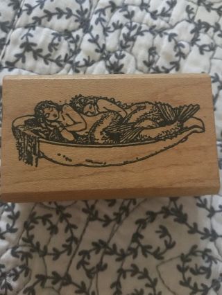 Vintage Wood Mounted Rubber Stamp Sleeping Mermaids On The Half Shell
