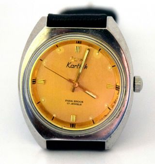 Vintage Hmt Karthik 17 Jewel Gold Texture Hand Winding Men Wrist Watch
