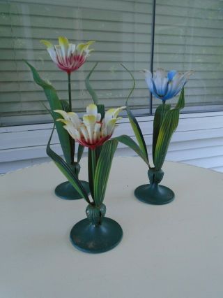 Vtg Hollywood Regency Petite Choses Tole Flower Tulip Candle Sticks - Set Of 3
