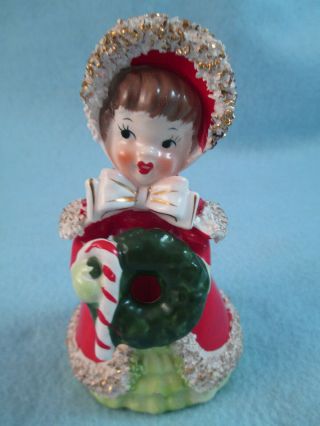 Vintage 1956 George Lefton Ceramic Christmas Bell Girl Holding Candy Cane Wreath