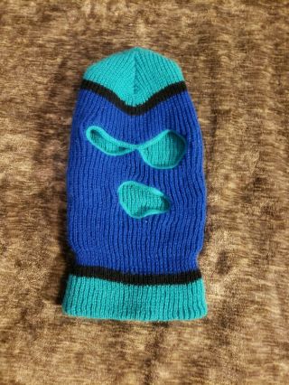 Vintage 1980s Knit Ski Mask Three Hole Teal/blue/black Stripe