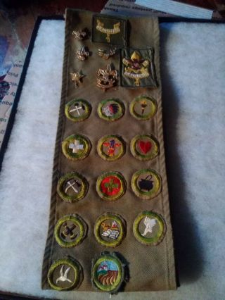 Vintage Boy Scout Shash With 5 Pins& 14 Merit Badges As Found In Flea Market