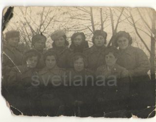 1943 Wwii Soviet Army Military Women Girls Uniform Fur Hat Russian Vintage Photo
