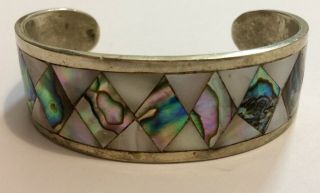 A Vintage Mexican Low Grade Silver And Mother Of Pearl Mosaic Cuff Bracelet