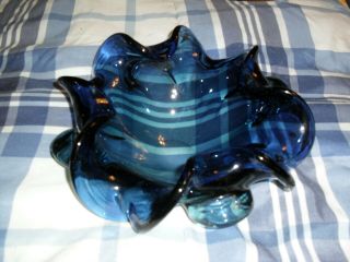 Vintage Murano Cobalt Smoky Blue Glass Bowl With Fluted Ruffled Folded Top