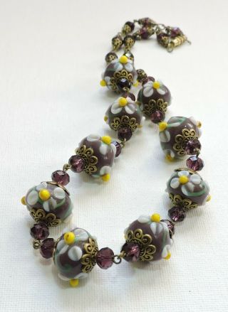 Vintage Purple With White Yellow Flowers Lampwork Art Glass Bead Necklace Au1916