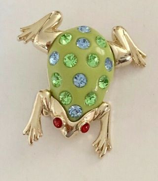 Vintage Gold Tone Enamel Rhinestone Frog Toad Brooch Pin Jewelry