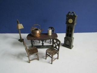 Vtg Tootsie Toy Doll House Furniture Dining Room Grandfather Clock Lamp