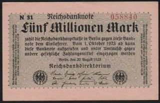 1923 5 Million Mark Germany Vintage Paper Money Banknote Currency P 105 Unc