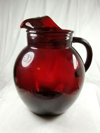 Vintage Anchor Hocking Royal Ruby Red Ball Water Pitcher Jug Server W/ice Lip